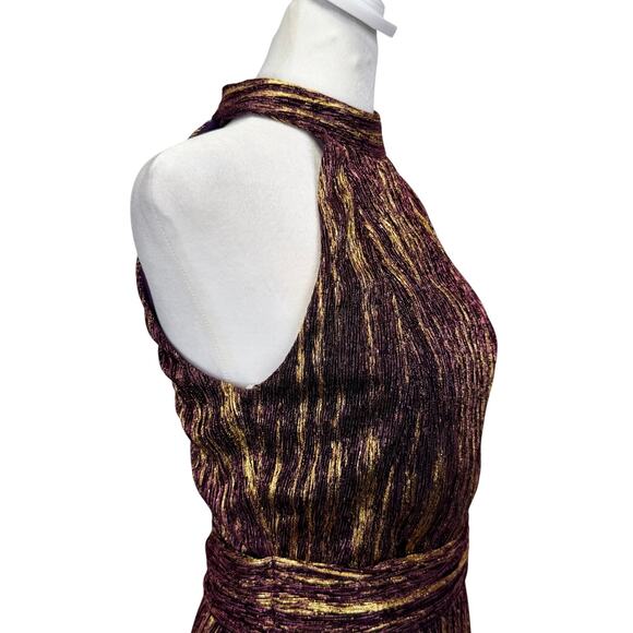 ML Monique Lhuillier Metallic Pleated Halter Midi Cocktail Dress Purple Gold 2 - Picture 9 of 14